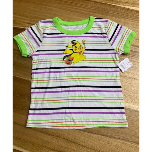 Pokemon Kids Halloween Pikachu T-Shirt Striped Short Sleeve Green Collar & Cuffs - Picture 8 of 10